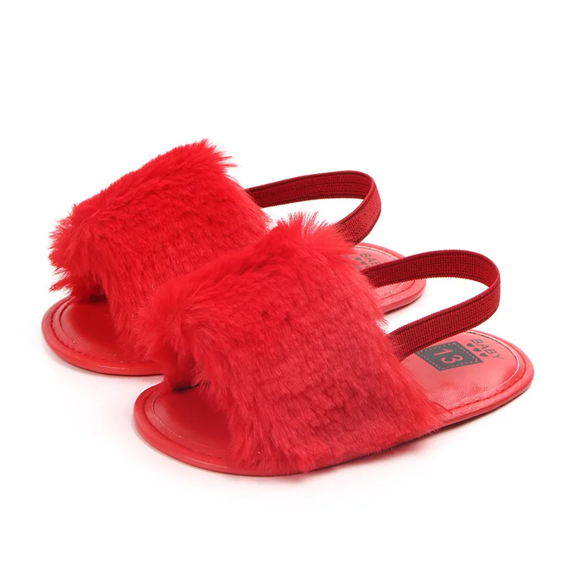 Новая модная летняя обувь из искусственного меха для маленьких девочек; милые детские сандалии; Тапочки