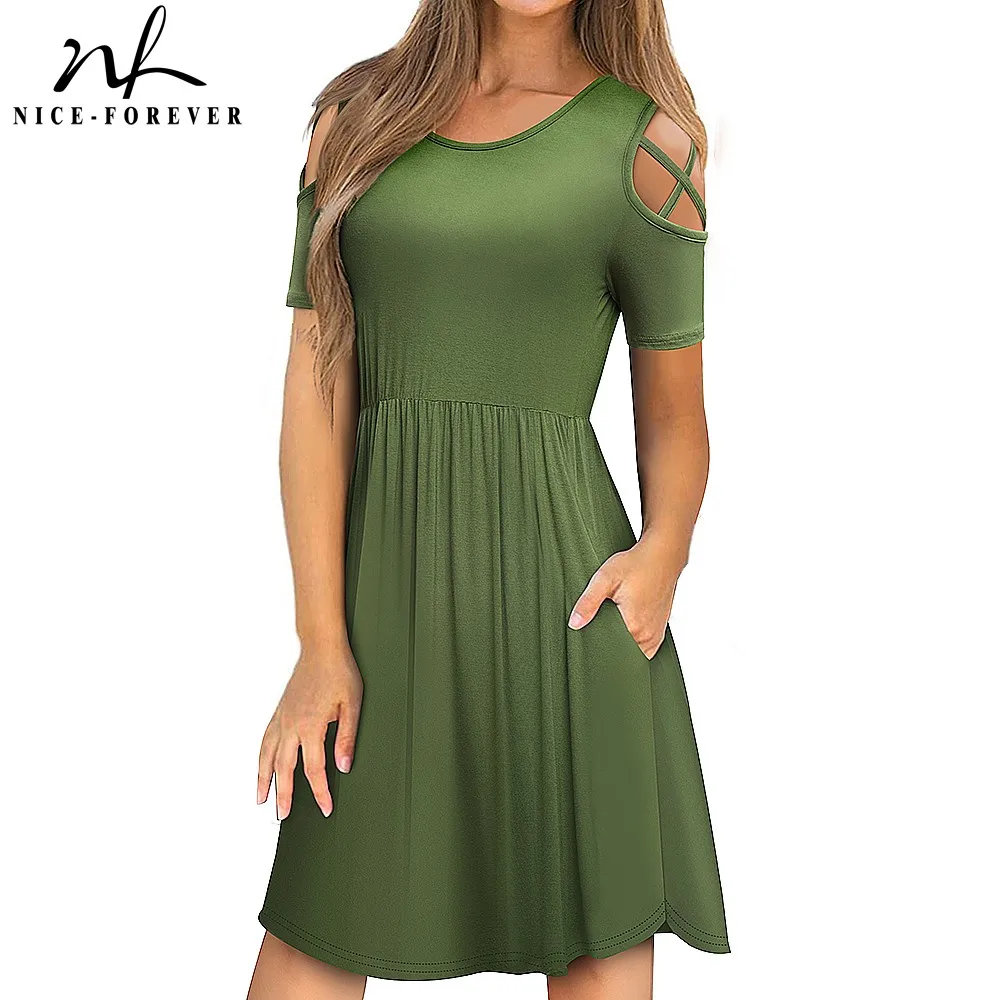 

Nice-forever Women Casual Solid Color A-line vestidos Swing Party Flare Female Dress A163