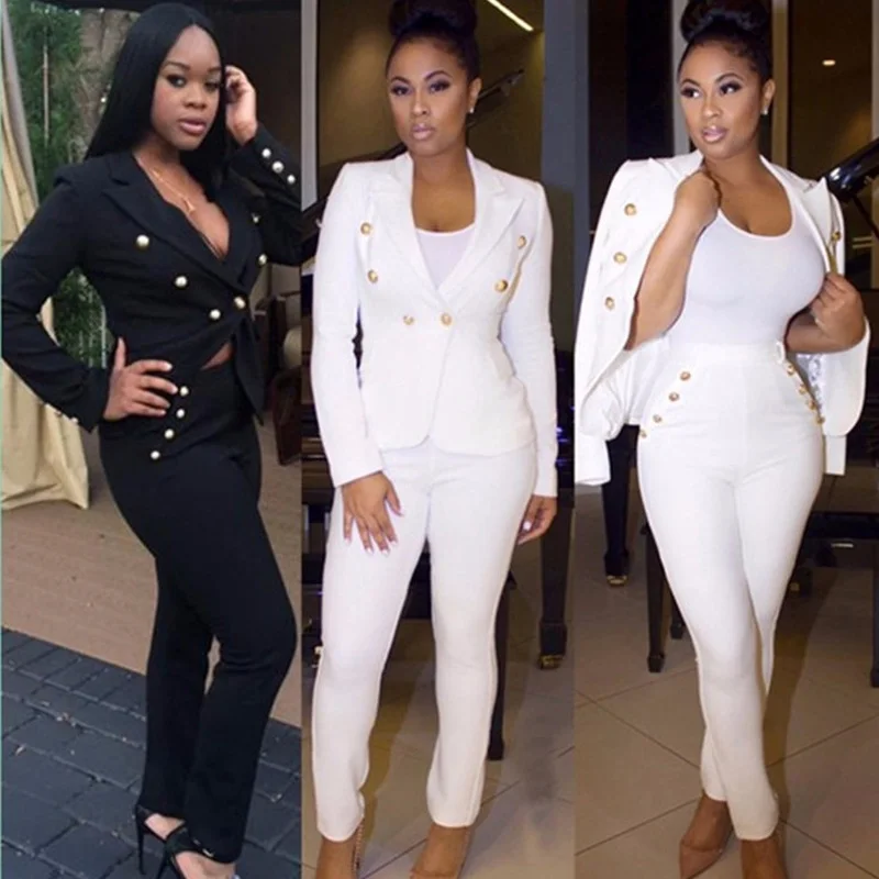 Plus size black white women 2 two Piece Set Blazer+long pant Suits female coat jacket suit elegant casual fashion bodycon outfit