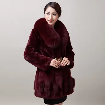 

Full pelt natural rex rabbit fur jacket women real fur coats outerwear with real fox fur collar and trim plus size M - XXXXL