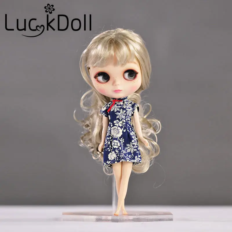 LUCKDOLL платье без рукавов с цветочным принтом синее Чонсам для Blyth одежда кукла 1/6