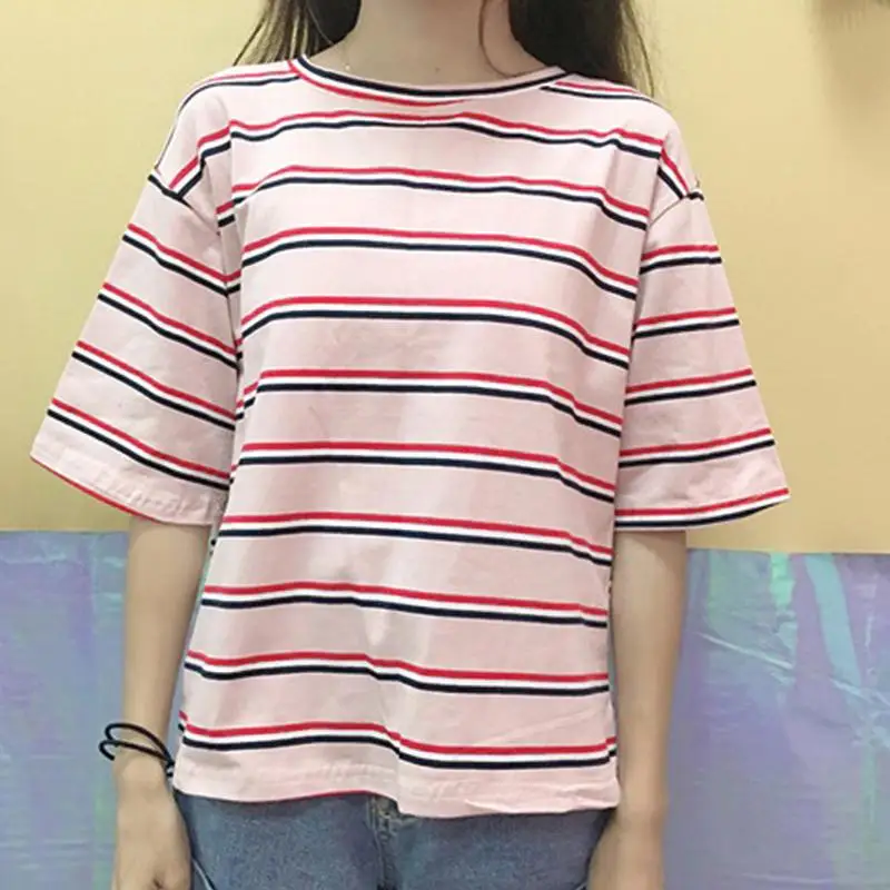 

2019 New Yfashion Women Fashion Pink Stripe Printing Loose T-shirt for Summer Top