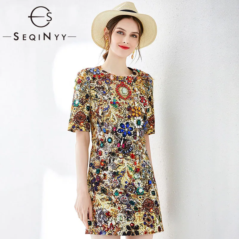 

SEQINYY Jacquard Dress 2019 Summer New Fashion Design Short Sleeve Luxury Beading Crystal Printed Jewelry Mini Straight Dress