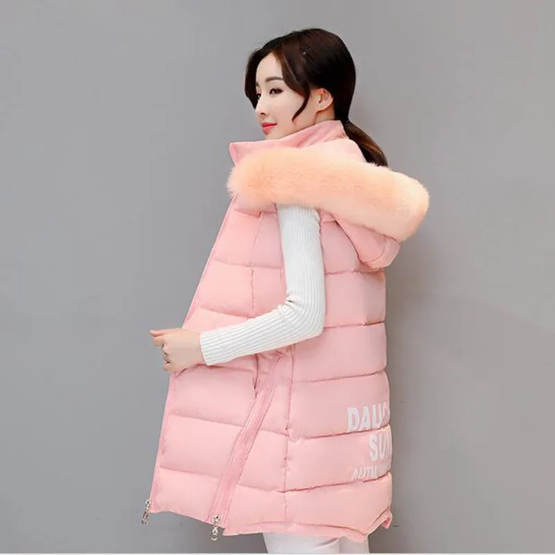 2018 big fur color hooded women vest plus size 3XL 4XL cotton padded long womens waistcoat outerwear colete feminino AC210