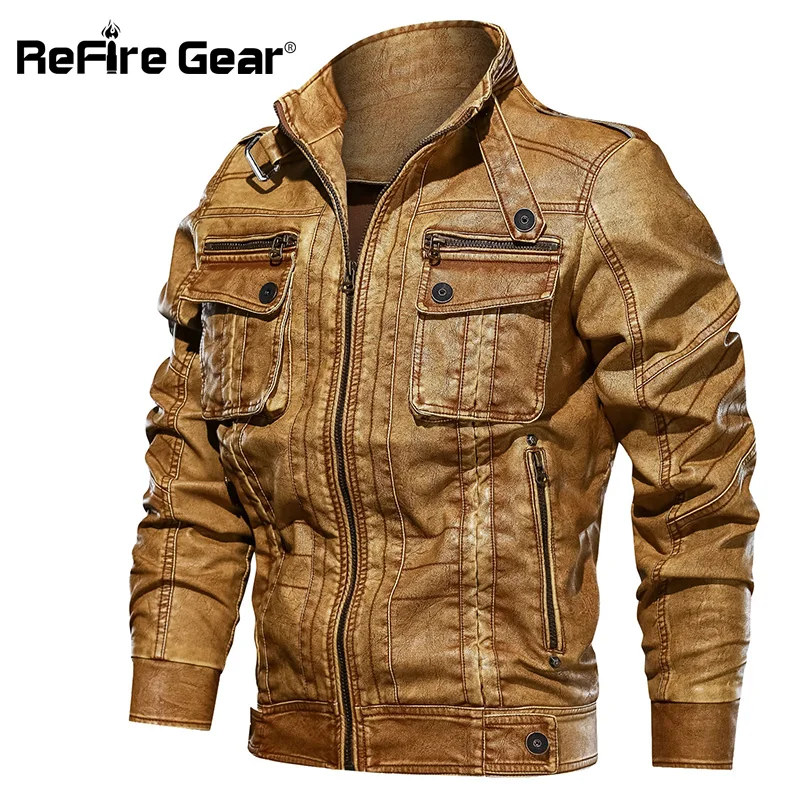

ReFire Gear Men's Leather Jacket Autumn Pilot Motorcycle Bomber Jackets Man Spring Casual PU Leather Tactical Military Coats