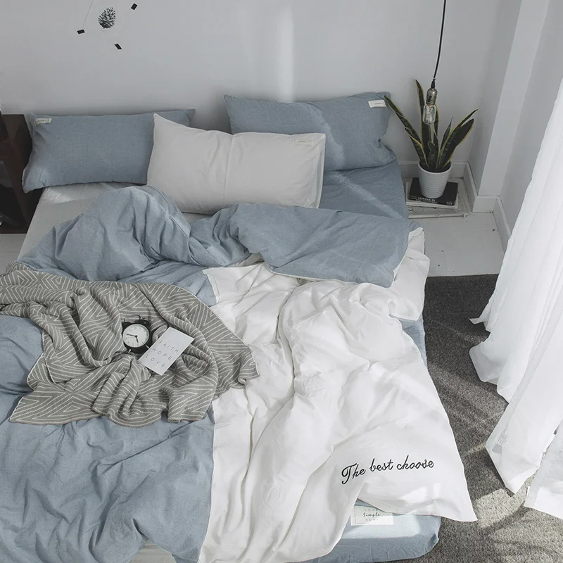 

Light Blue Solid White Stitching Pattern Duvet Cover Flat Bed Sheets +Pillowcase King Queen Full Bedding Set Bedding Set 3/4pcs