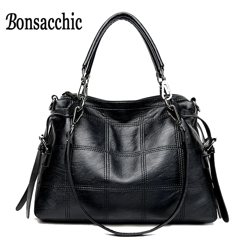 Bonsacchic Black Leather Tote Bag Handbags Women Genuine Leather Hobo Bags Famous Brand Red Female Shoulder Bags Bolsas Feminina