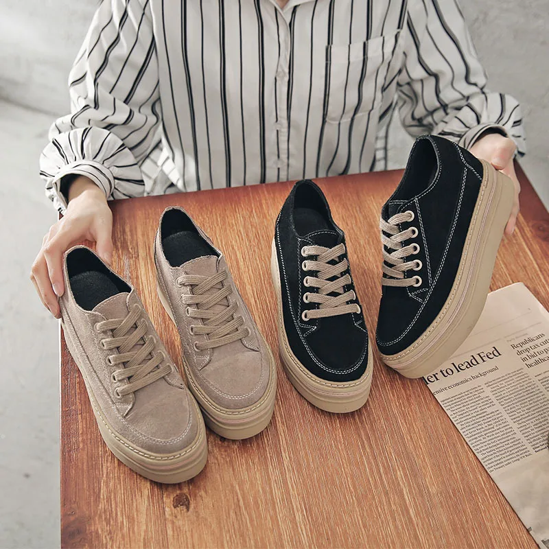 

2019 spring new leather women's shoes frosted leather lace-up women's shoes Korean thick-soled casual shoes.