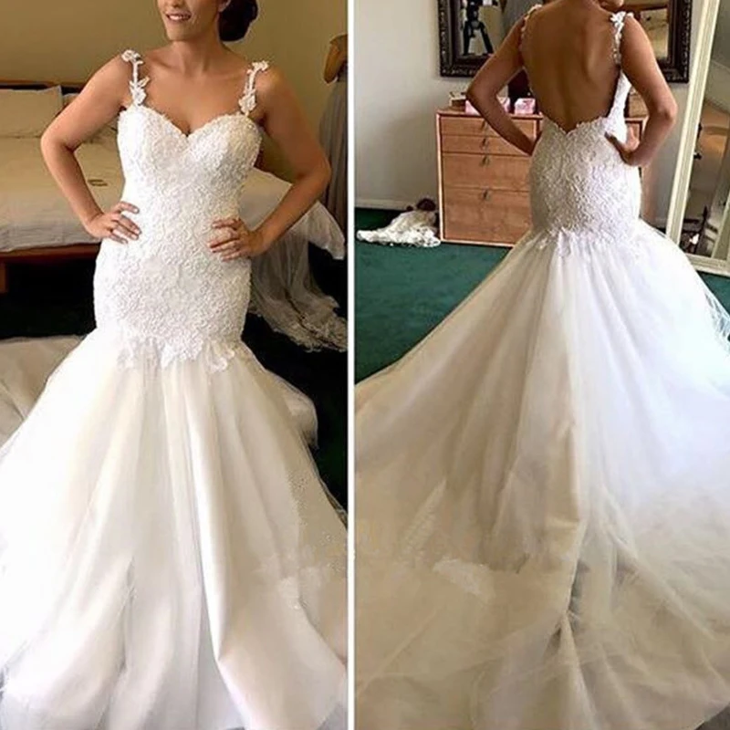 DZW544 Sexy Back Открыть Кружева Свадебные платья Русалочки 2019 тонкие лямки Тюль аппликация облегающие свадебные платья