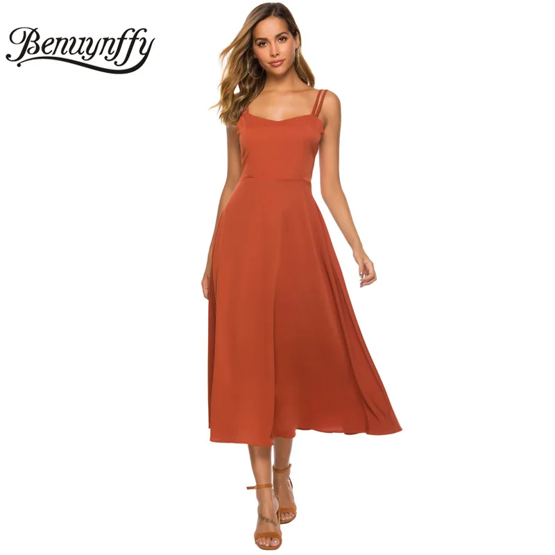 

Benuynffy V-neck Backless Sexy Spaghetti Strap Long Dress Summer Women Vacation Beach Solid High Waist Fit And Flare Dresses