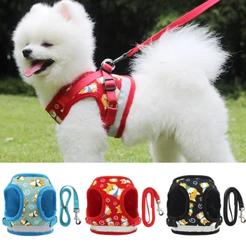 

Reflective Dog Harness Vest for Small Medium Dogs Cartoon Shiba Inu Print Mesh Collar Puppy Cat Walking Lead Leash Pet Supplies