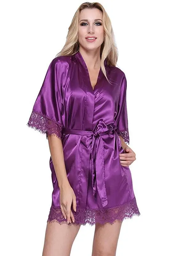 Сексуальный Свадебный халат женский короткий атласный халат для невесты кружевное шелковое кимоно халат летняя Пижама для невесты размера плюс пеньюар - Цвет: Коричневый