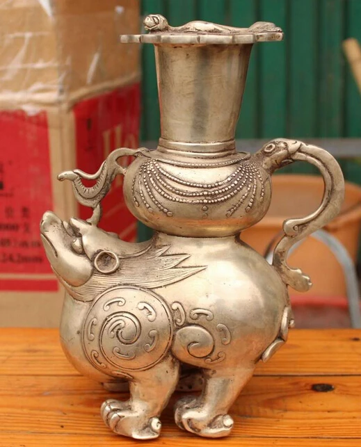

10" Chinese Silver Dragon Phoenix Pixiu Beast Zun Vase Pot Bowl Incense Burner S0708