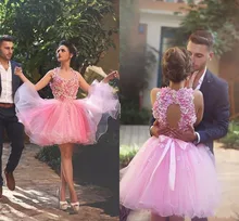 2017 a-linie Tüll Cocktailkleider Mit Bögen Halfter Ärmellose Blumen Applique Mini Prom Kleider Backless Rosa Party Kleider