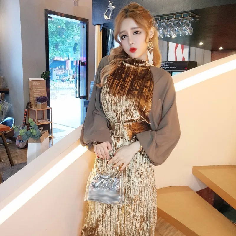 New Autumn Dress Brand Fashion Runway Designer Velvet dress chiffon lanterns sleeve gold velvet dress