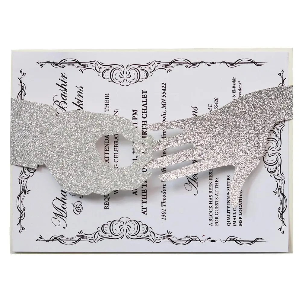  10pcs Wedding Invitations Wholesale Glitter Hand In Hand Design Laser Cut Cards Custom Lace Invite  - 33034983716