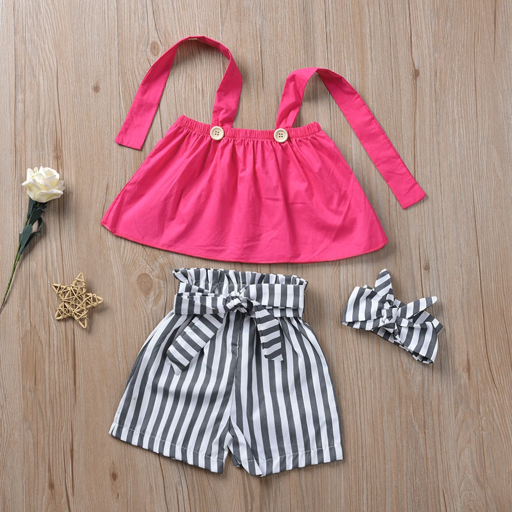 

Emmababy Summer Toddler Baby Girl Clothes Off Shoulder Strap Cropped Tops Striped Short Pants Headband 3Pcs Outfits Clothes