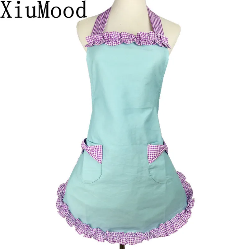 

XiuMood Fashion Aprons For Woman Sky Blue Color Cotton Cloth Home Kitchen Chef Cooking Cafe Waiter Apron With Bow Pocket