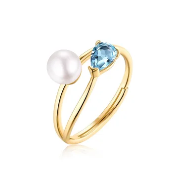 

Original Ring S925 Silver Ring Female Natural Freshwater Pearl Ring Sky Blue Topas Ring Adjustable