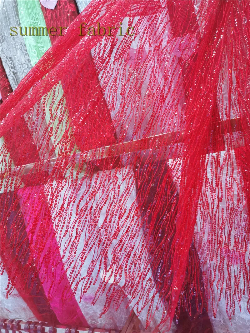

red and white colour sequins tulle mesh embroidered fabric Factory price French Nigerian lace fabrics