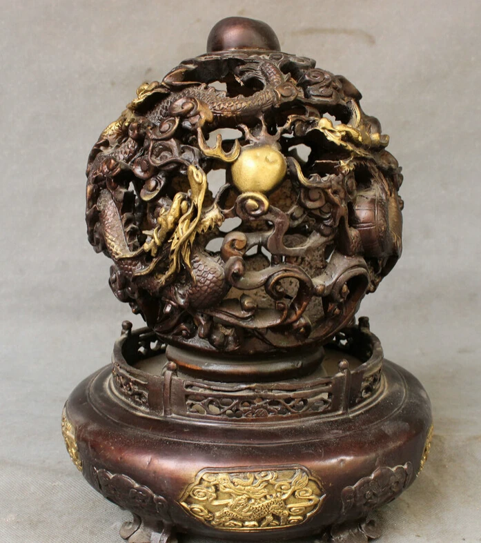 

S4503 13" Folk Chinese Bronze Copper Gilt Taoism FengShui Dragon Ball Statue Sculpture D0318