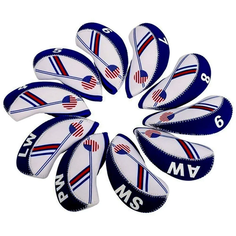 

10PCS/set Duplex Printing Waterproof Golf Club Head Iron Headcovers Blue White Head cover Golf Club Accessories1