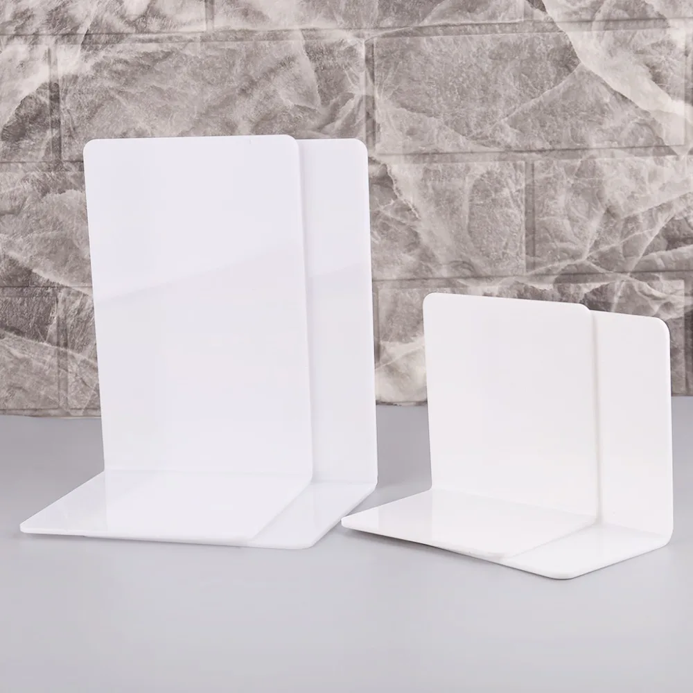 cheap 2Pcs White Acrylic Bookends L shaped Desk Organizer Desktop Book Holder School Stationery Office Accessories