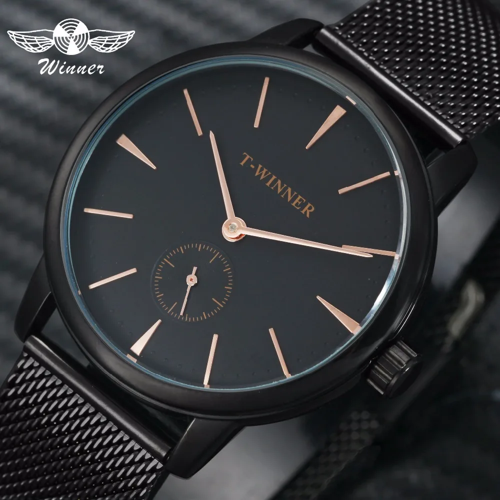 

WINNER Official Simple Black Mens Watches Top Brand Luxury Mechanical Watch Men Minimalist Dress Mesh Strap Fashion Wristwatch