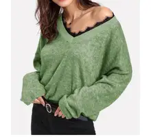 V Neck Sweaters Women Spring Long Sleeve Lace Tops Female Casual Jumper  Streetwear Sexy Casual Loose Sweater Pullover