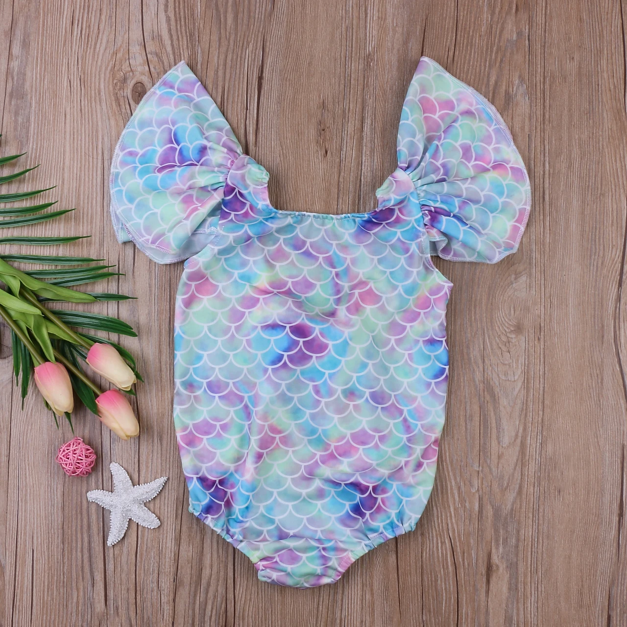 

Rompers Swimsuit Kid Baby Girls Swimsuit Scales Costume Blackless Bow Short Sleeve Romper Jumpsuit Summer