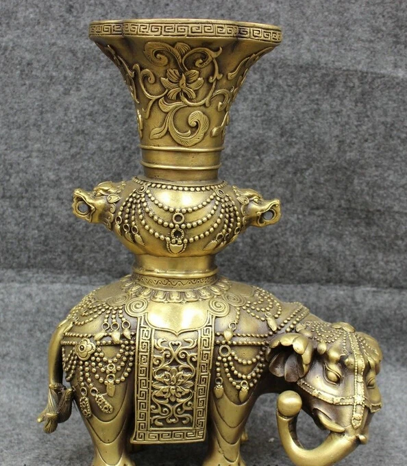 

11" Chinese Bronze Animals Wealth Flower Lotus Elephant Statue Zun Jar Pot Set