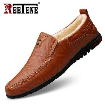 

REETENE Winter Men Casual Shoes Fashion Slip on Retro Men Loafers Leather Comfortable Plush Hard-wearing Big Size Men's Shoes