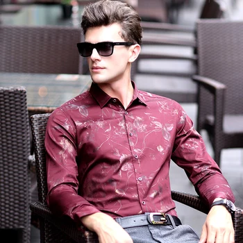 

New 2016 Spring Autumn Mens Fashion Floral Printed Long Sleeve Dress Shirts