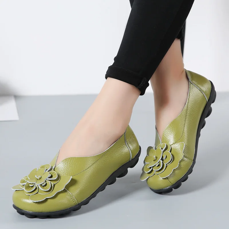 Модная женская обувь; 11 цветов; обувь из натуральной кожи с цветочным принтом; женские лоферы без шнуровки; женская обувь размера плюс 35-44 - Цвет: Green