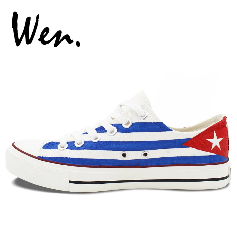 Вэнь Дизайн Пользовательские Ручная роспись обувь Куба флаг низкий верх мужские женские белые парусиновые кроссовки на платформе плимсоллы на плоской подошве со шнуровкой