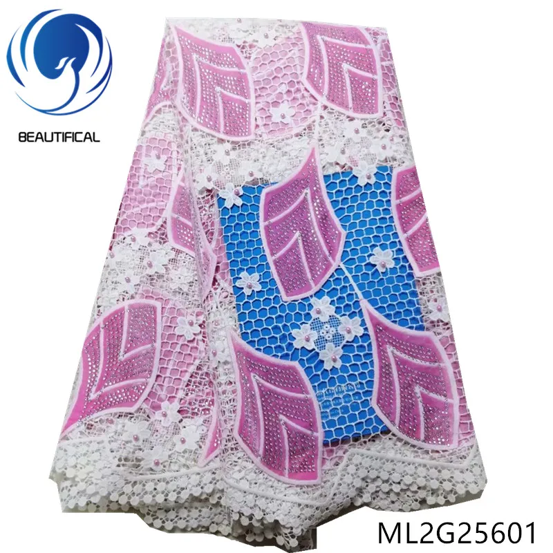 

BEAUTIFICAL african lace fabrics 2019 New nigerian guipure cord lace mix Flannel fabrics with stones for dress 5yards ML2G256