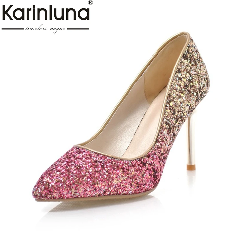 

Karinluna Fashion 2018 Plus Size 32-43 Pointed Toe Women Pumps Shoes Woman Slip On Thin High Heels Party Wedding Pumps 7 Colors