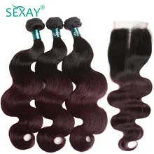 Sexay-tissage de cheveux brésiliens naturels, avec Closure, rouge bordeaux ombré 1B/ 99J, mèches professionnelles, lot de 4