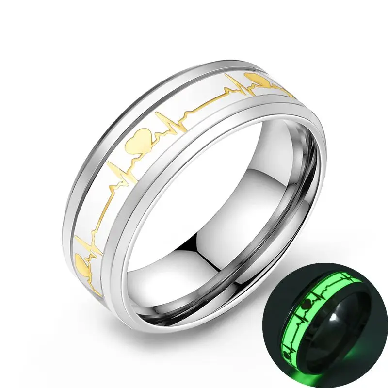 Yellow Luminous Heart Electrocardiogram Rings Stainless Steel Glow in the Dark Wave Love Ring Female Male Wedding Aneis Jewelry - Цвет основного камня: JR8002GLGR