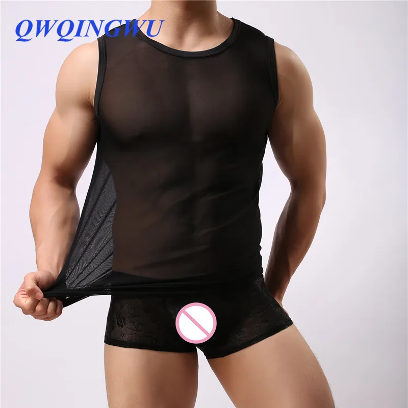 

Casual Undershirt Men's Transparent T Shirt Sexy Mesh See Through Tops Tees Man Tight Singlet Gay Thin Shaper Male Undershirts