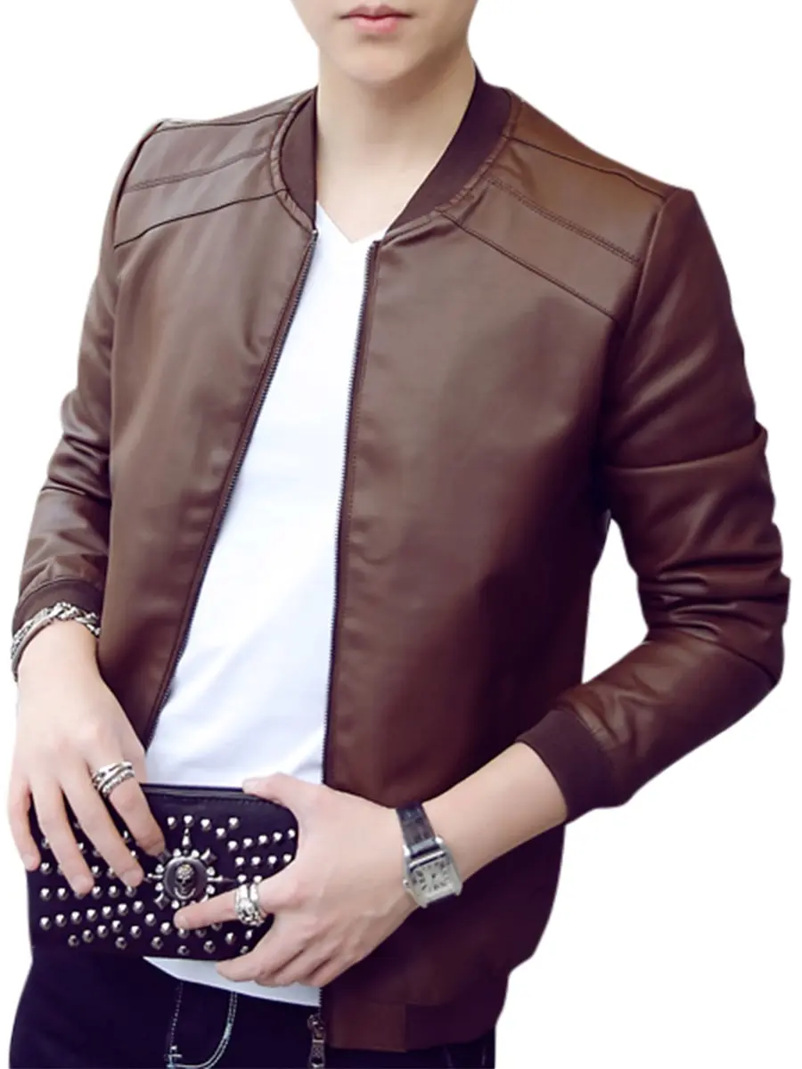 

Men's Synthetic Leather Jacket Stand Collar Solid Zipper Outwear