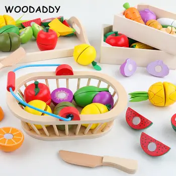

WOODADDY Simulation Vegetable/Fruits Cutting Set Wooden Toys For Kids Wood Tray/Basket Food Kitchen Toys Educational Girls Gift