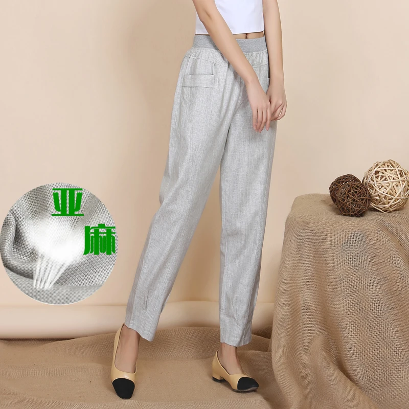 Ceny 2020 letnie kobiety lniane spodnie Harem w średnim wieku pani w pasie luźne spodnie na co dzień Plus rozmiar 4XL kieszeń cienkie damskie spodnie