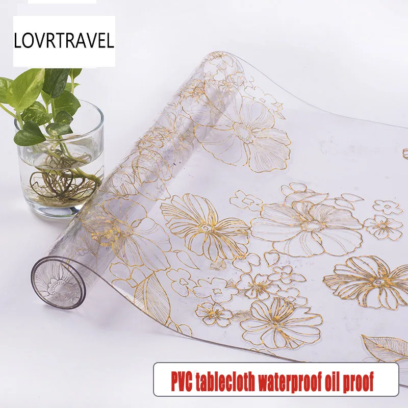 0.15mm PVC Gold Flower Table Clothsoft Glass Tablecloths Waterproof Oilcloth Dining Kitchen Table Mats for Party Home Decoration
