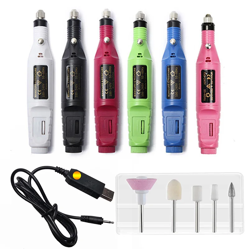 

1set 5 Bits Electric Manicure Machine File Drill Kit Tips Polish Pen Cuticle UV Gel Sanding Tool New Step Up USB Power Design