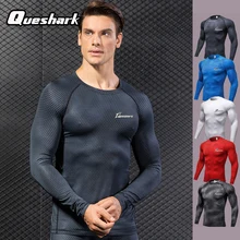 Queshark, профессиональная Мужская футболка для бега, быстросохнущая, с длинным рукавом, для тренировок, эластичная, для спортзала, с принтом, футболка для бега, фитнеса, тренировки, Топ