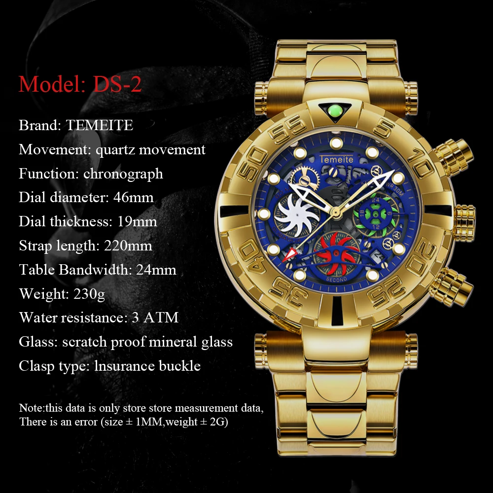 TEMEITE лучший бренд класса люкс кварцевые часы для мужчин Chrono ветряная мельница дизайн Дата золотой нержавеющая сталь Ремешок Модные многофункциональные часы