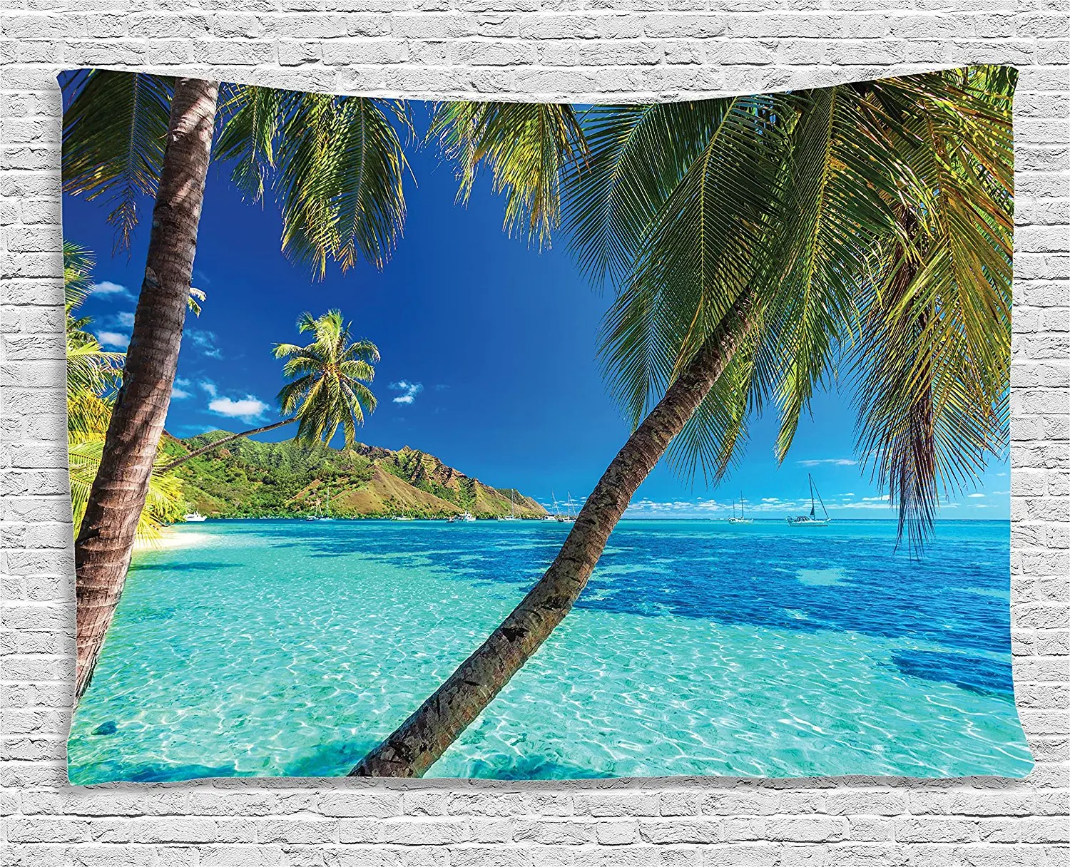 

Ocean Decor Tapestry Image of a Tropical Island with Palm Trees and Bright Sea Beach Theme Print Decor Wall Hanging for Dorm