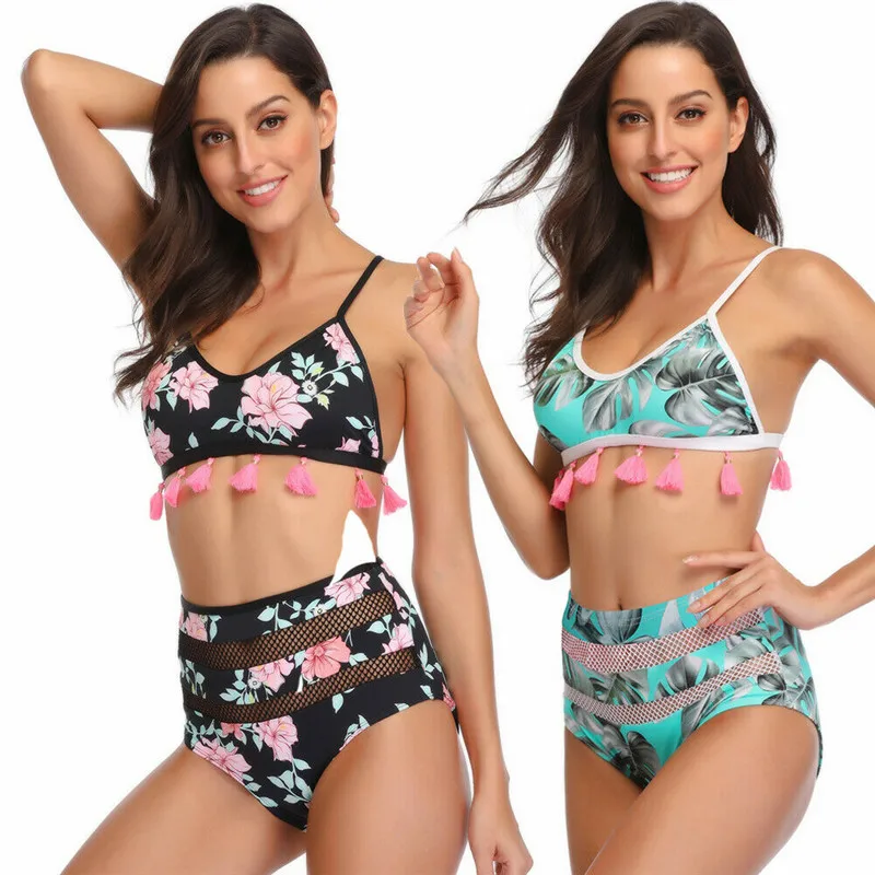 

2019 Sexy bikini Set High Waist Swimwear Women Biquini Ruffled Swim Bathing Suit Black Floral Swimsuit Vintage Bikinis