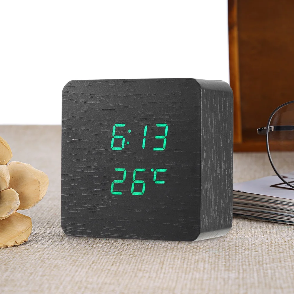 Wooden LED Alarm Clock with Temperature Sounds Control LED Display